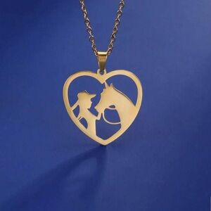 Gold Heart Pendant Necklace, Heart Necklace, Girl and Horse Necklace